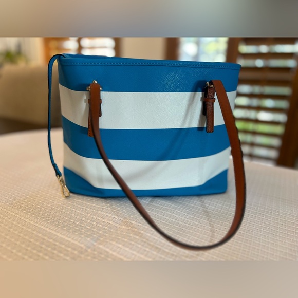 MICHAEL Michael Kors Blue and White Striped Tote with Brown Leather Straps - Picture 3 of 14